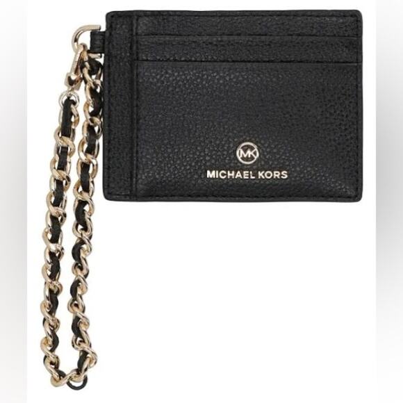Michael Kors Black Leather Jet Set Small ID Chain Card Holder New - Picture 1 of 5